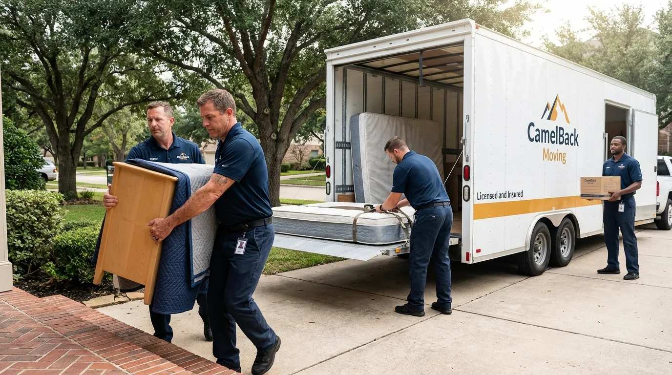 Crew loading residential truck for cross-state move from Bolinas, CA