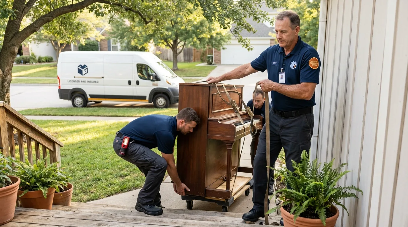 Licensed piano movers securing grand piano in Bolinas, CA