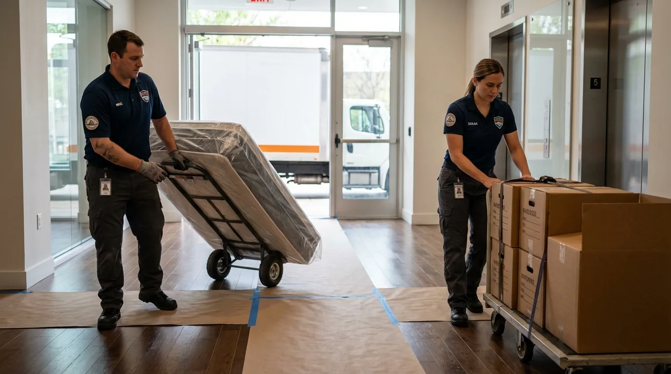 Professional apartment movers loading elevator in Bolinas, CA